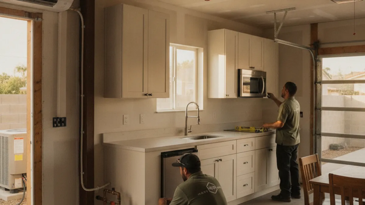 A compact efficiency kitchenette with cabinets and a sink in a converted garage JADU in San Diego